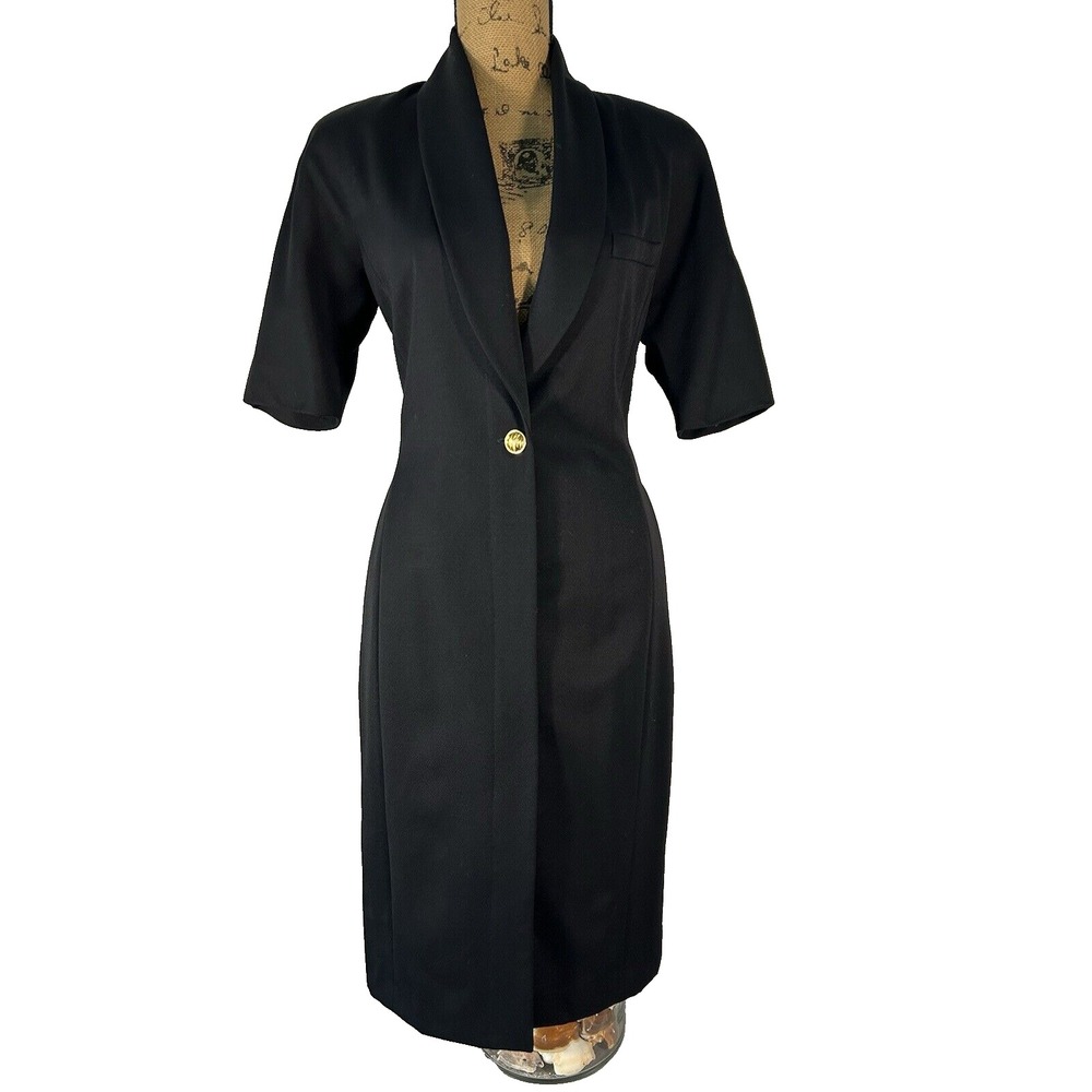 Vtg Anne Klein Dress 10(READ) Wool Classic Black Jacket Dress Chic 0199